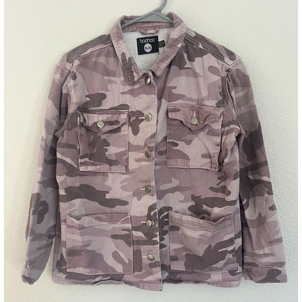 Boohoo Blue Womens Camo Print Denim Utility Button Jacket Purple 6 (US Medium)